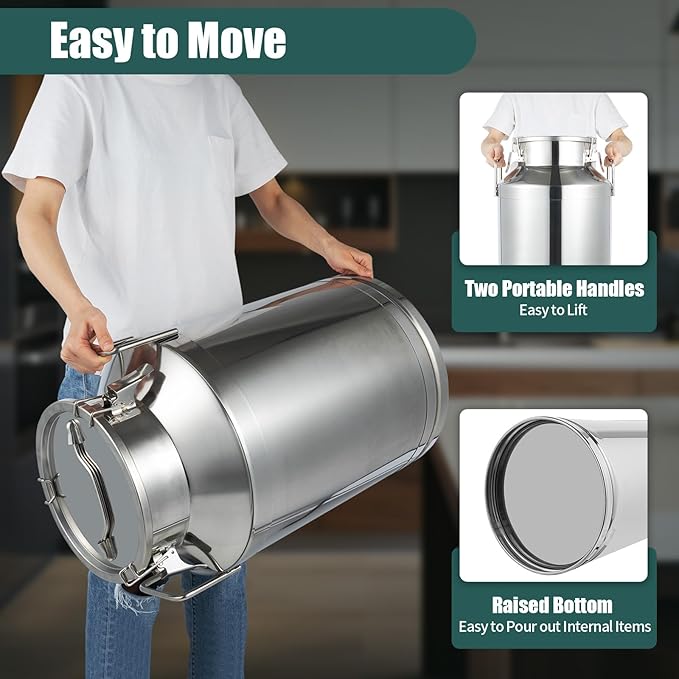 Stainless Steel Milk Can 15.85 Gallons, Airtight Food Storage Container with Locking Lid, Commercial Grade 201 SS for Milk, Honey, Grains, Large Metal Bin with Handle
