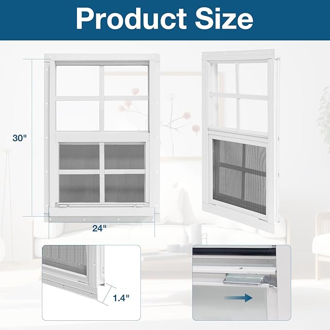 Yuzzy Shed Windows 2 Pack, Chicken Coop Windows 24" x 30" with Tempered Glass and Fiberglass Screen, Flush Mounted Small Window for Shed, Barns, Playhouse, Household, Garage (White)