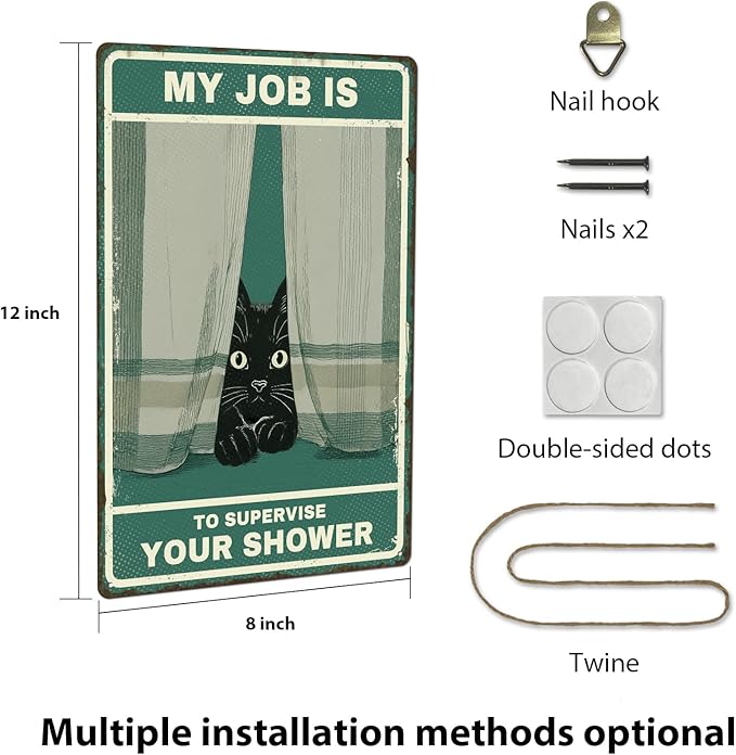 Cat Supervisor Tin Sign - Funny Bathroom Wall Decor Featuring a Peeking Black Cat, Vintage Retro Metal Art Poster, Relatable Humorous Gift for Cat Mom and Dad, 8x12 Inch