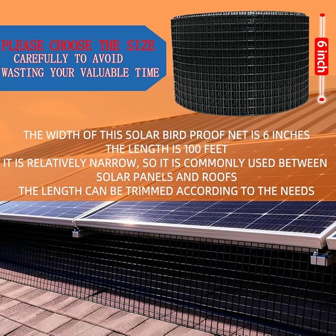 6-inch * 100 Foot Solar Panel Protective net, Black PVC Coated Rolled net, with 70 Sets of Fasteners, Anti cat/Squirrel/Bird Intrusion Solar Panel Internal Welding Protective net