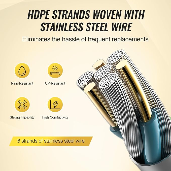 VEVOR Electric Fence Wire, 1640Ft 500M Portable Polywire, 1/8" Diameter 6 Stainless Steel Strands, Fencing Rope Line with 25 Fence Insulators and 25 T-Post Insulators, for Horse, Cattle, Livestock