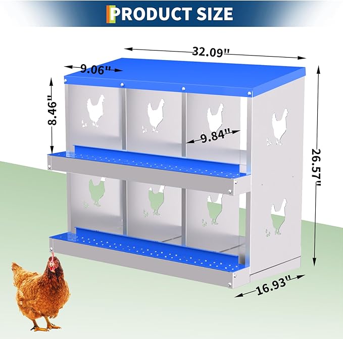 Chicken Nesting Box,6 Compartments Galvanized Steel Metal Chicken Laying Box with Roll Out Egg Collection,Wall Mount Chicken Nesting Boxes,Easy Egg Collection, Hen Roosting Boxes