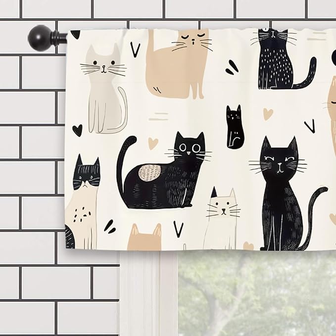 Cute Cartoon Cat Kitchen Curtain Valance 54W x 18L Inch Funny Pet Kitten Animal Rod Pocket Short Cafe Small Window Treatment Drapes Decor