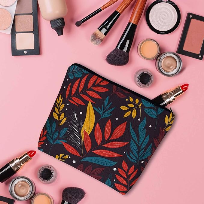 Woman Makeup Bag Tropical Leaves, Colorful Jungle Palm Leaves Makeup Bags Travel Cosmetic Bags Toiletry Makeup Organizer Pencil Pouch Make Up Cosmetic Bag For Owners Lady Birthday Gifts