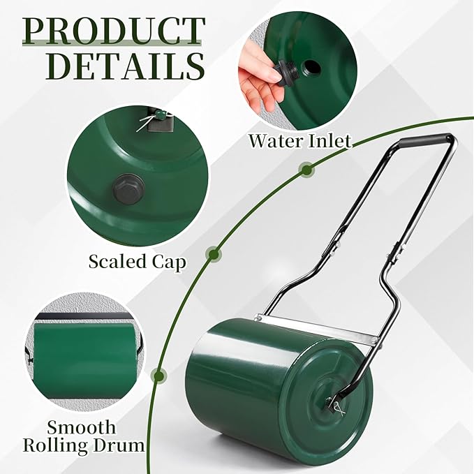 16in Heavy Duty Steel Lawn Roller,Manual Hand Lawns Roller,Water or Sand Filled Garden Rollers,Push/Tow-Behind Yard Rollers,with U-Shaped Handle,for Garden Yard Park Backyard Farm (Green & Black)