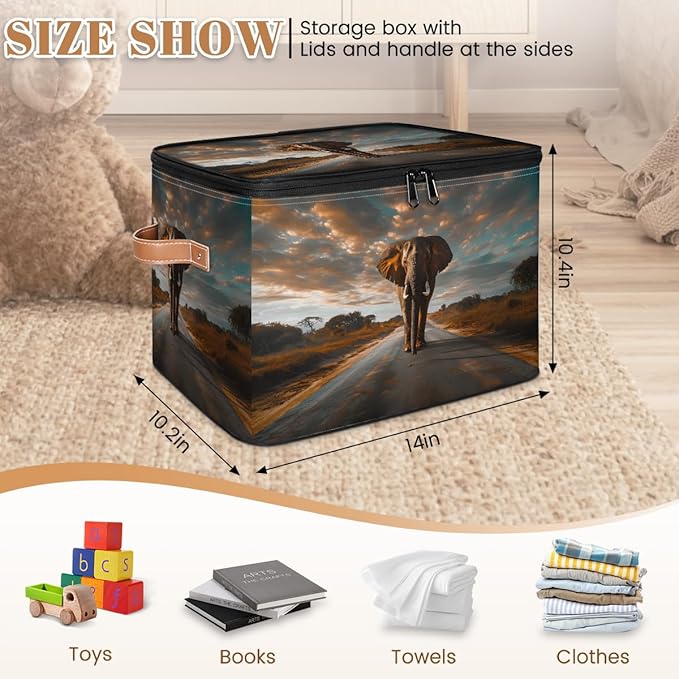 Elephants Storage Bins With Lids Fabric Collapsible Storage Box with Leather Handles for Home Bedroom Foldable Closet Shelf Organizer