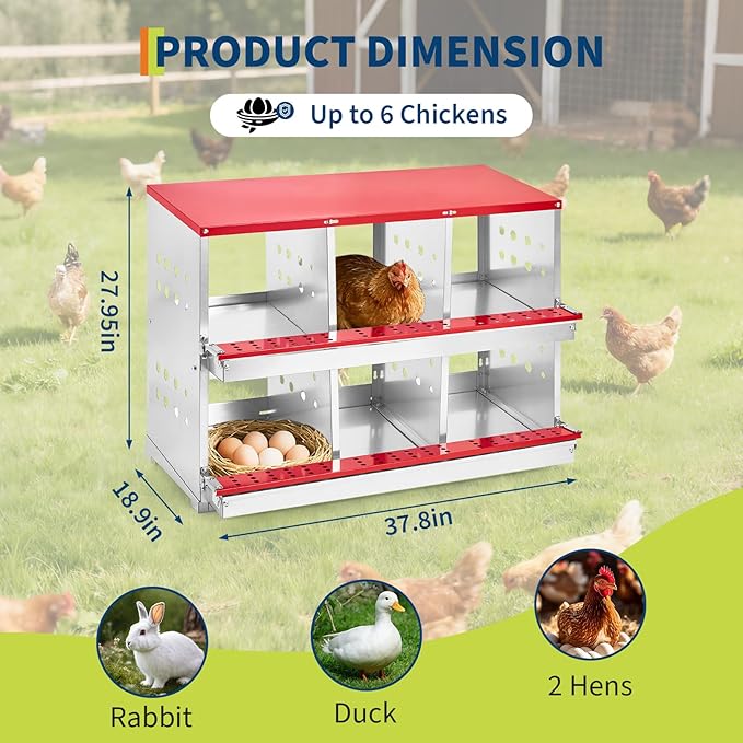 Metal Chicken Nesting Boxes - 8 Hole Wall-Mountable Laying Boxes with Flip-Top Lid & Roll-Away Egg Collection, Weatherproof Galvanized Steel, Includes 8 Fake Eggs for Chicken Coop, Red