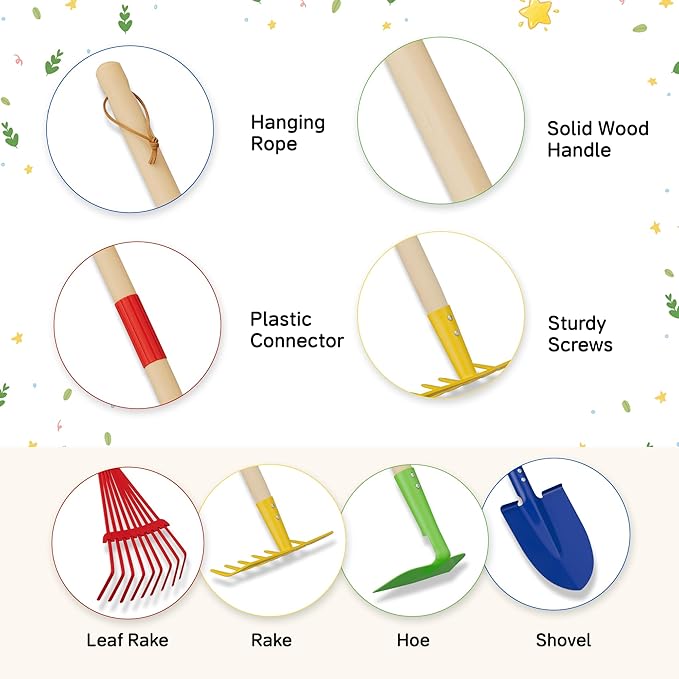 4-Piece Garden Tool Set with Shovel, Rake, Hoe, Leaf Rake - 2 Pairs of Gloves & 2 Storage Bags, Wooden Gardening Tools for Yard & Lawn Care