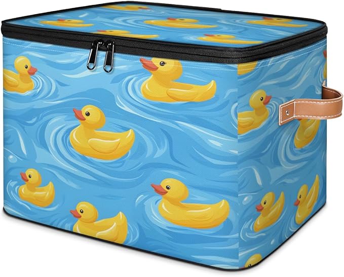 Cartoon Duck Storage Bins with Zipper Lid, Rubber Duck Lidded Storage Baskets Boxes Foldable Organizer with Leather Handles for Clothes Closet Shelf