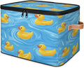 Cartoon Duck Storage Bins with Zipper Lid, Rubber Duck Lidded Storage Baskets Boxes Foldable Organizer with Leather Handles for Clothes Closet Shelf