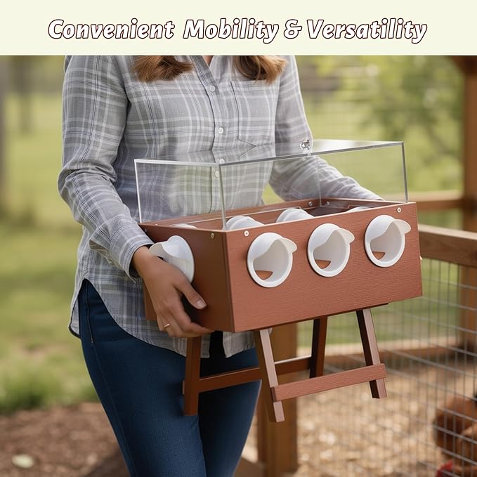 KOL No-Waste Chicken Feeder, 22LB Poultry Feeder with 6 Anti-Spill Ports, Clear-View HIPS & Acrylic Design, Foldable Stand for Hens and Chicks – Automatic Gravity-Flow Feeder