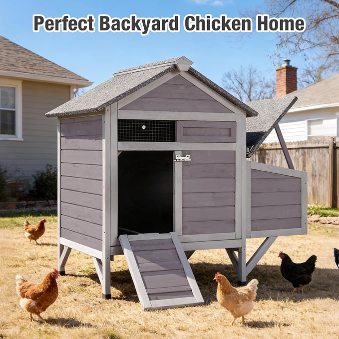 Small Chicken Coop with 2 Nesting Boxes, Wooden Hen House for 1-2 Chickens, Waterproof Asphalt Roof Poultry Hutch with Wildlife-Proof Latches, Roosting Bar and 4 Ground-Clearing Legs