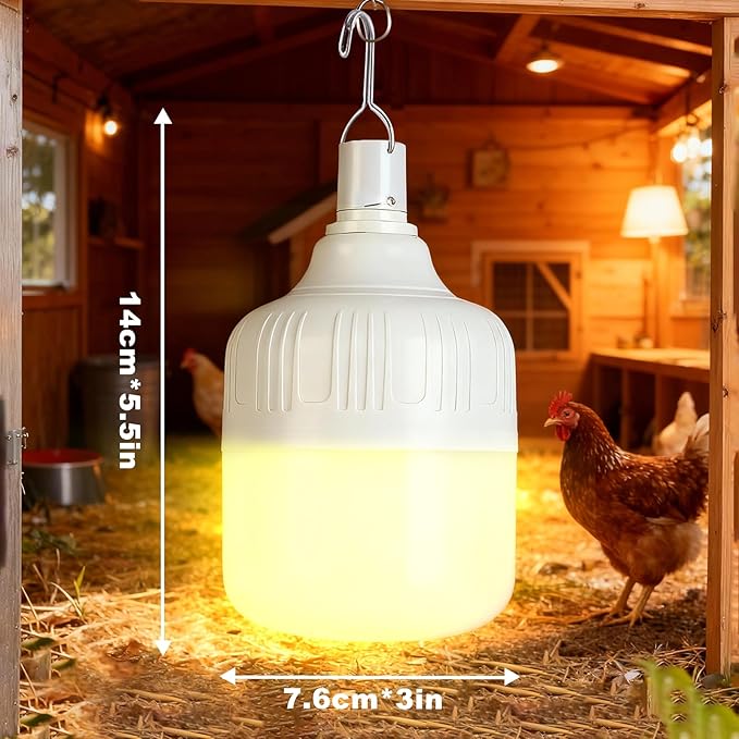 Rechargeable Chicken Coop Light- 3000K Warm Yellow Cordless Hanging Lamp, Rechargeable Battery with Hook, Easy Install No Wiring, Pendant Lights for Chicken Coop, Shed, Farm