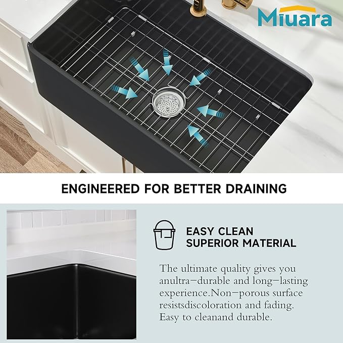 Miuara Black Farmhouse Sink 30 Inch - Apron Front Undermount Kitchen Sink Reversible 30"x18"x10", Farm House Style Single Bowl, Heavy Duty Solid Fireclay, Matte Black, for Kitchen