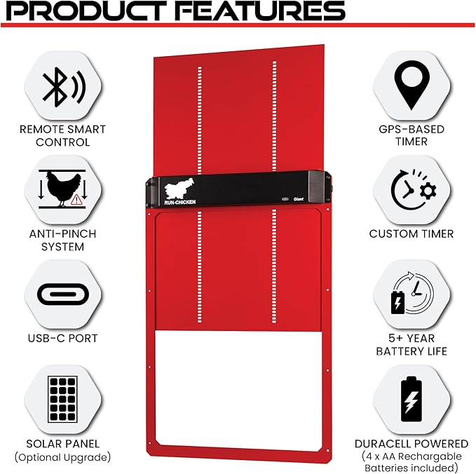 RUN-CHICKEN Door Giant – Large Automatic Poultry Coop Door for Ducks & Turkeys, Not for Chickens, Battery Powered/Solar Compatible, Heavy-Duty Aluminum, Predator Proof, Easy Install (Red)