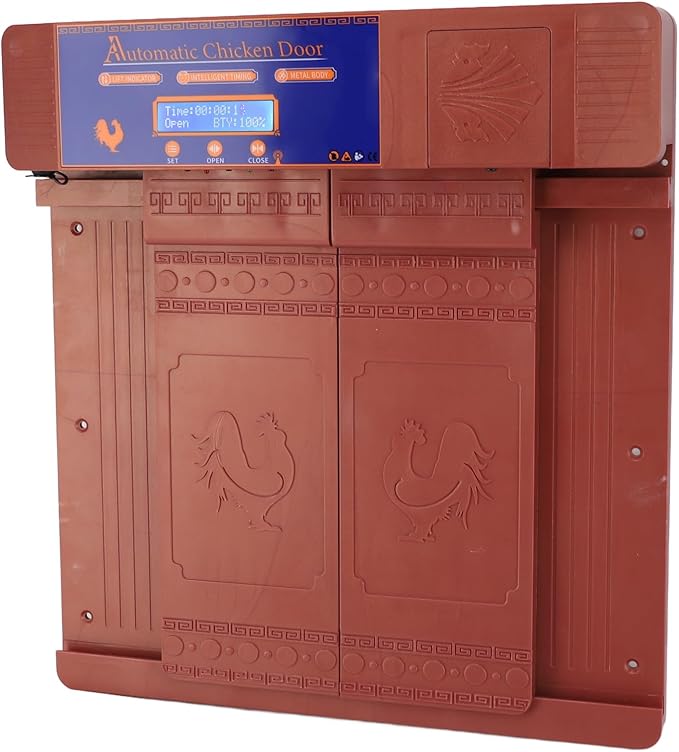 Automatic Chicken Coop Door Opener, Solar Battery Powered with LED Display, Timer Function, Double Doors Electric for Chickens, Ducks, Geese, Easy to Set Opening and Closing Time (Bronzer)