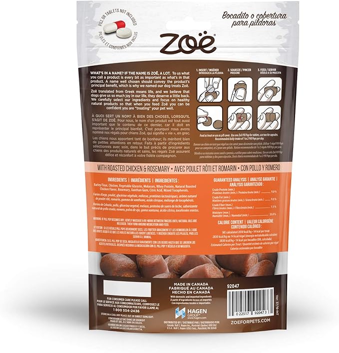 Zoe Zoë Pill Pops for Dogs, Healthy Dog Treats, All Natural Dog Treats to Hide Medication, Roasted Chicken with Rosemary Recipe, 2 Pack