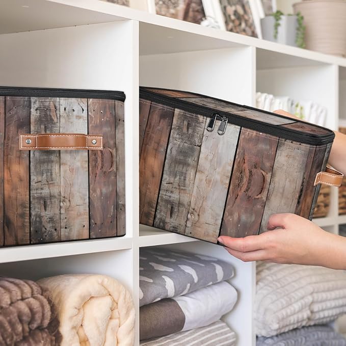 Wood Grain Board Storage Bins with Zipper Lid Fabric Storage Containers for Clothes Collapsible Closet Storage Basket with Metal Frame 1 Pack