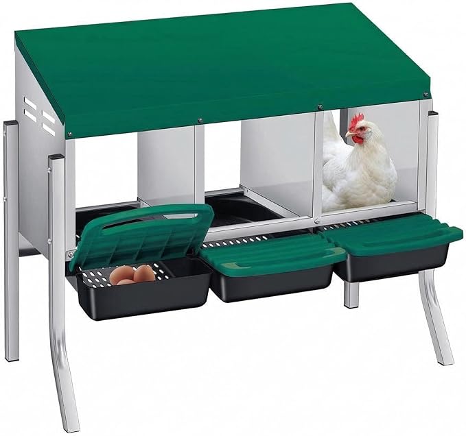 Chicken Nesting Boxes with Rollout Egg Collection – 3-Compartment Metal Hen Nest Box with Removable Trays, Slanted Roof & Ventilation, Wall Mount or Standing for Backyard Poultry Coop, Green