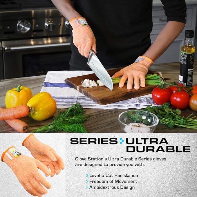Glove Station Ultra Durable Series Cut Resistant Gloves - Cutting Gloves for Chefs, BBQ and Cooking - Level 5 Protection, Food Grade Safe Cut - Orange, Medium Size [2-Pack]