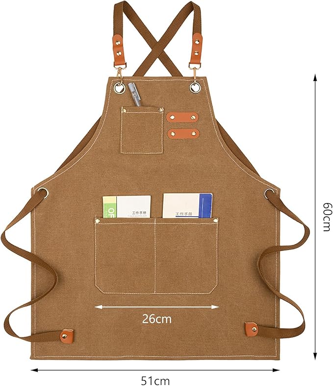 Unisex Aprons with Large Pockets,Cotton Canvas Cross Back Heavy Duty Adjustable Work Apron,Size Kids to Adult
