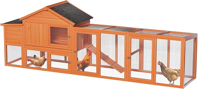113.5" Large Wooden Chicken Coop Outdoor Hen House with Run, Waterproof Roof & Nesting Box, Secure Lock, Removable Tray, Ramp & Perch for 2–4 Chickens or Small Pets