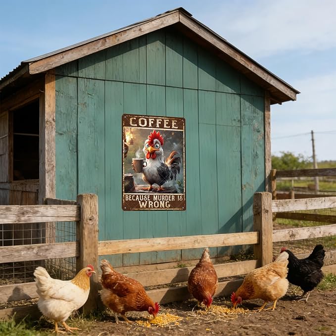 Chicken Coffee Because Murder Is Wrong Vintage Metal Tin Sign Rustic Farmhouse Wall Decor for Kitchen Cafe Barn Country Home Retro Iron Art Plaque 12x8 Inch
