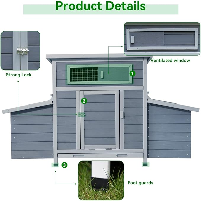 Large Wooden Chicken Coop Outdoor with 2 Sides Nesting Boxes, Window Openable Weatherproof Poultry Cage,Removable Tray Hen House for Farm, Backyard (57.38" L x 33.07" W x 32.87" H)