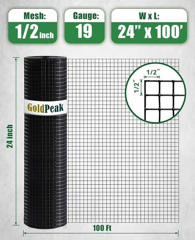 GoldPeak Hardware Cloth 1/2 inch 24 x 100 Ft 19 Gauge - Black Vinyl Coated Chicken Wire Mesh Roll Chicken Wire Fencing Garden Fence Welded Wire Fencing Hardware Mesh
