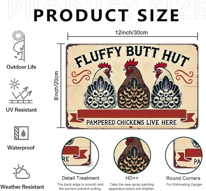 Funnysign Vintage Fluffy Butt Hut Pampered Chickens Live Here Chicken Tin Sign for Chicken Coop Farm Kitchen Garden Yard Decor 8x12 inch (3940)