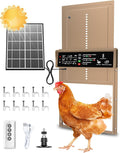 Automatic Chicken Coop Door, Pet Deluxe Chicken Coop Door Solar Powered 7W - Programmable Timer, Light Sensor, Anti-Pinch Safety, Aluminum Alloy Frame with 10 Wire Clips Chicken Door - Brown
