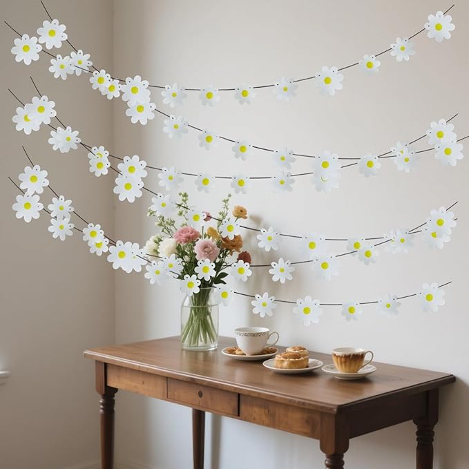 6Pcs White Daisy Banner Garland Spring Flower Hanging Bunting for Girl Boy Groovy Hippie Boho Birthday Party Decoration