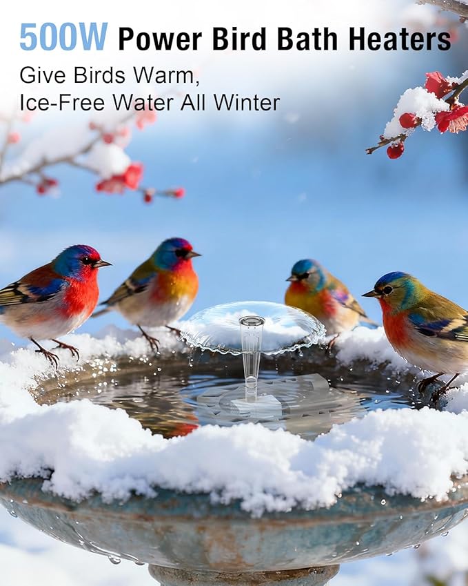 Bird Bath Heater with Fountain–500W Outdoor Cast Aluminum Submersible De-Icer, Birds Bath Water Heater for Winter with Thermostat, Chicken Waterer & Pond Heater with 9.8 Ft Cord
