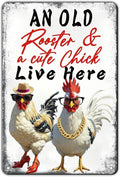 Chicken Metal Signs Chicken Coop Accessories Tin Sign Rooster Wall Decor Vintage Style An Old Rooster And A Cute Chick Live Here Tin Plaque For Farmhouse Garden Gate Fence Yard Decor 12x8 Inch