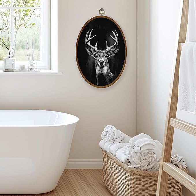 WULQYING Vintage Deer Wall Art Decor, Moody Dark Academia Stag Oval Framed Canvas Art Prints, Rustic Farmhouse Forest Animal Wall Hanging Decor for Home Bedroom Living Room, 8.6x11.4 Inches