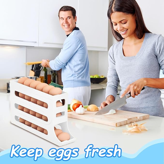Egg Holder for Fridge, 4 Tiers Dispenser, 30 Egg Container Refrigerator, Large Capacity Organizer Automatic Fridge Rolling Egg Container for Pantry Countertop (White)