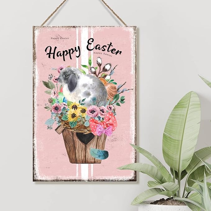Happy Easter Flower Basket Bunny Wood Art Plaques French Style Floral Pink Stripes Wall Decor Wood Sign Happy Easter Welcome Spring Wood Wall Art Sign for Kitchen 8x12in