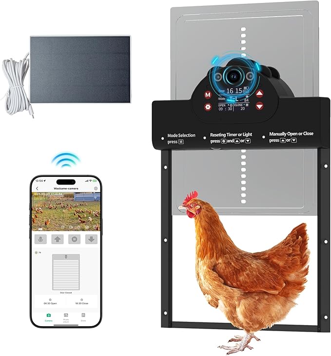 Automatic Chicken Coop Door Solar Powered with 2K Camera & Night Vision, IP65 Wireless Auto Door Opener, 6-Month Battery, APP Control, 2-Way Audio, Anti-Pinch Design (Black)