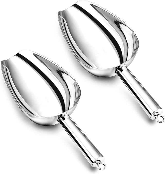 Stainless Steel Ice Scoop Set of 2, E-far 24 Ounces Metal Large Utility Scoop for Kitchen/Bar/Party/Wedding/Dog food/Potted Plants, Round Bottom & Hanging Loop, Rust Free & Dishwasher Safe
