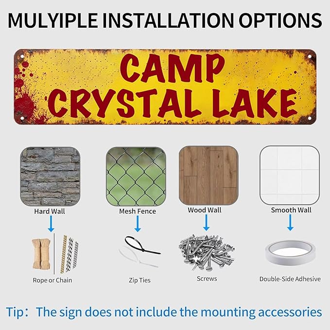 Horror Decor Camp Crystal Lake Street Sign Vintage Metal Tin Signs Horror Movie Decor Halloween Posters Man Cave For Home Kitchen Bathroom Wall Decorations 16x4 Inches