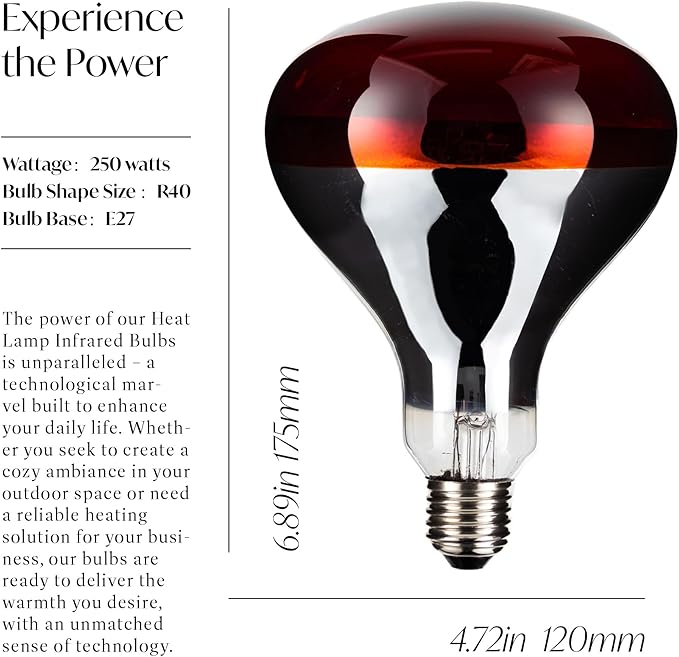 Heat Lamp Bulbs, R40/250 Watts Red Heat Lamps for Chicks, Infrared Reflector Heat Lamp for Chickens,Incandescent Medium E26 Base 2 Pack for Brooder Heater, Pet, Bathroom, Food