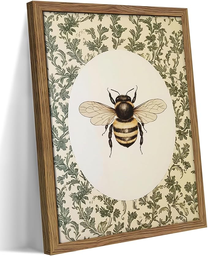 Framed Vintage Bee Wall Art, Cottagecore Floral Botanical Decor, Rustic Garden Insect Pictures Poster, Oval Bumblebee Canvas Print Wall Decor for Bedroom Living Room 16x24 inch