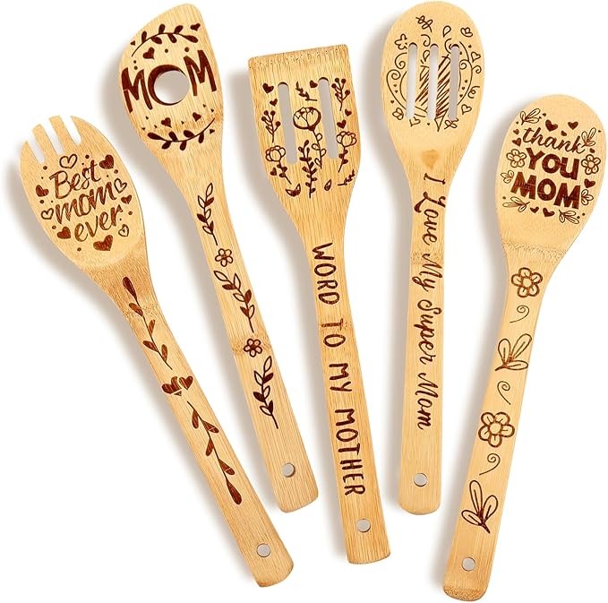 Mothers Day Gifts for Mom from Daughter Son Cooking Spoon,Engraved Bamboo Kitchen Cooking Utensils Set Gifts,Wooden Birthday Gifts for Mom Mother in Law Step Mama,I Love You Mom Gifts