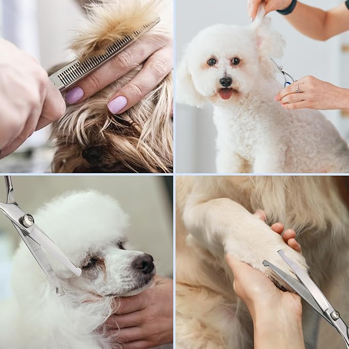 Dog Grooming Scissors with Safety Round Tips Stainless Steel Professional Pet Grooming scissors Kit - Thinning, Curved Scissors and Comb for Dogs Cats - Pink