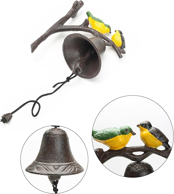 Sungmor Cast Iron Dinner Bell, Outside Farmhouse Door Bell, Wall Hanging Bell, Antique Lovely Color Birds Decorative Manually Shaking Doorbell, Indoor Outdoor Wall Mounted Ornamental Dinner Bell