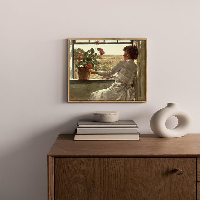Farmhouse Women Painting Retro Landscape Artwork Women Portrait Art Victorian Wall Art Flower in Vase Painting Vintage Woman Picture Nature Scenery Artwork Window View Farmhouse Wall Art 8x10in Framed