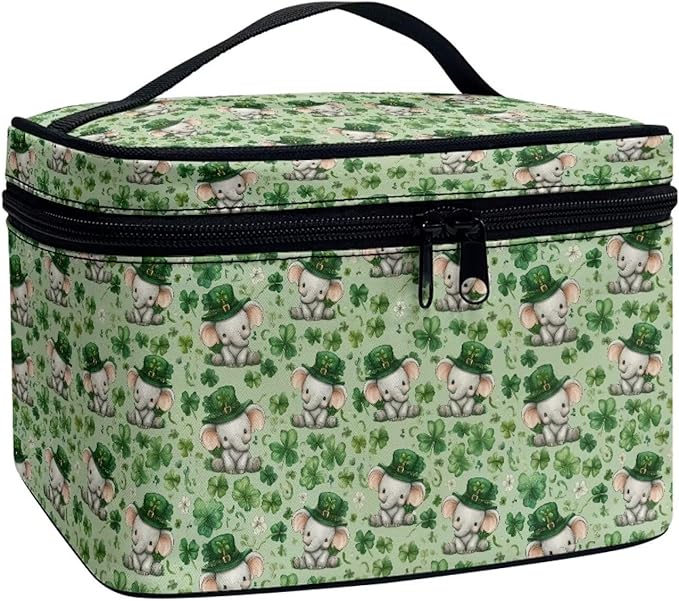 Travel Makeup Bags for Women Portable Tote Cosmetic Case with Carry Handle Toiletry Accessories Storage Organizer Bags for St. Ptrick's Day, Cute Elephant Shamrock