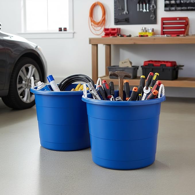 HOMZ 2-Pack Utility Tub, Large Plastic Storage Bucket with Rope Handles, 18 Gallon, Blue - Portable Indoor and Outdoor Buckets for Kitchen, Laundry, Garden, Bathroom, and Garage Organization
