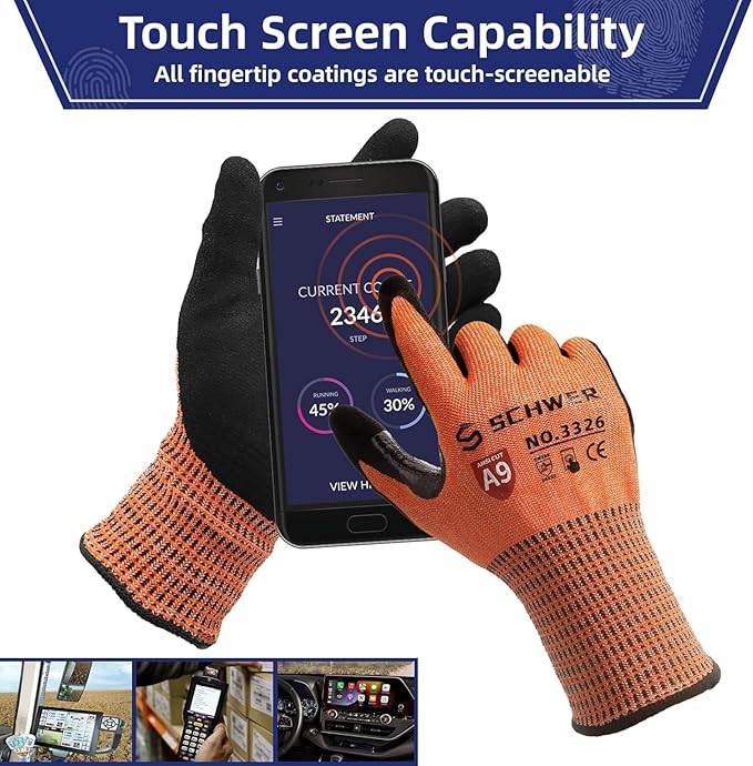 Schwer ProGuard High Level Cut Resistant Work Gloves PR3326 for Extreme Protection, ANSI A9 Cut Gloves with Reinforced Thumb, Non Slip, Breathable, Durable, Touch-screen, Orange 1 Pair（M）