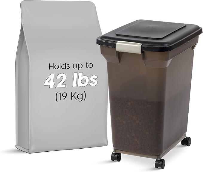 IRIS USA Airtight Dog Food Storage Container, WeatherPro, Up to 40 lbs, Removable Wheels, for Dog Cat Bird and Other Pet Food Storage Bin, Keep Fresh, Translucent Body, Made in USA, Smoke/Black